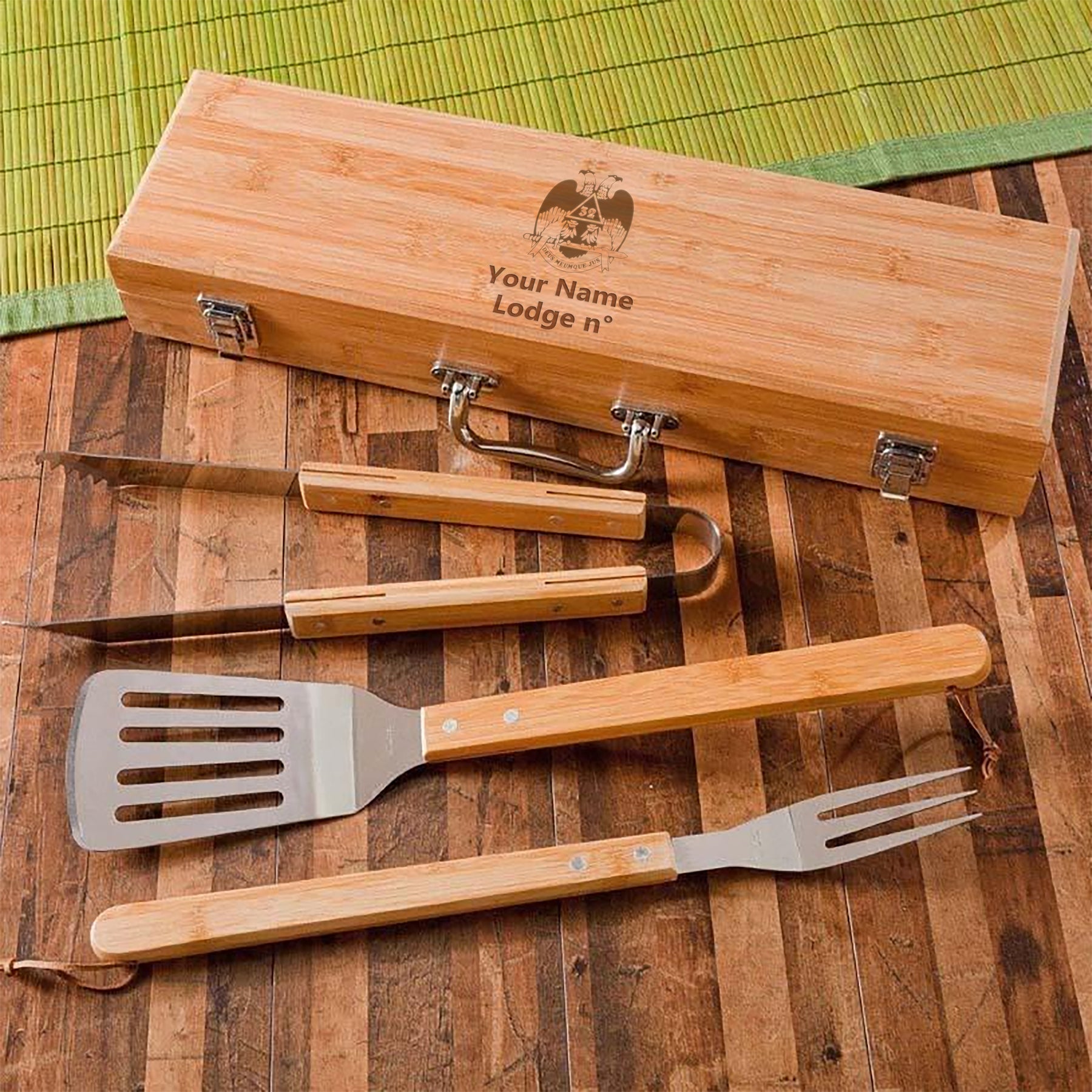 32nd Degree Scottish Rite Grill Tool - Wings Down BBQ Set & Bamboo Case - Bricks Masons