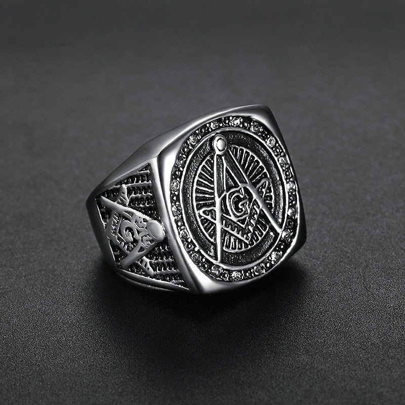 Master Mason Blue Lodge Ring - Square and Compass G Rhinestone - Bricks Masons