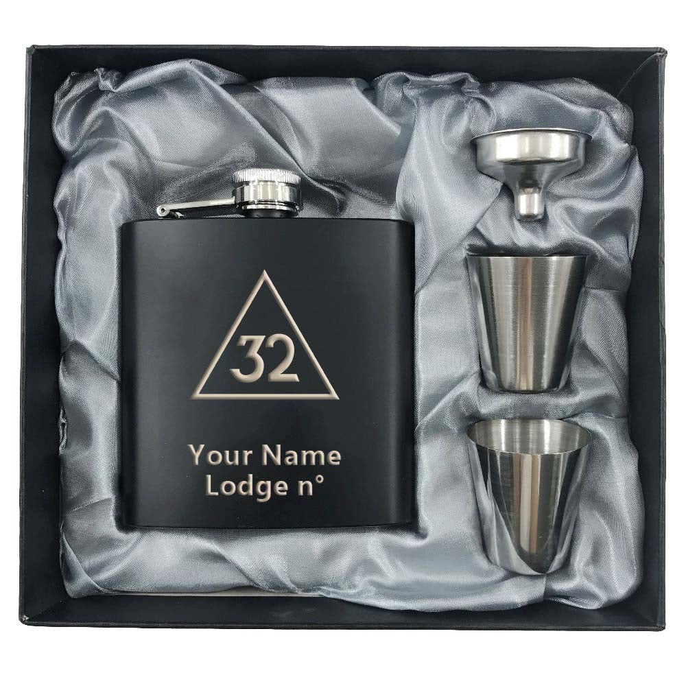 32nd Degree Scottish Rite Flask - 2 Shot Glasses & Funnel - Bricks Masons