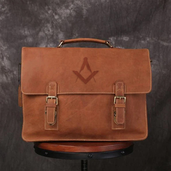 Master Mason Blue Lodge Briefcase - Handmade Leather - Bricks Masons