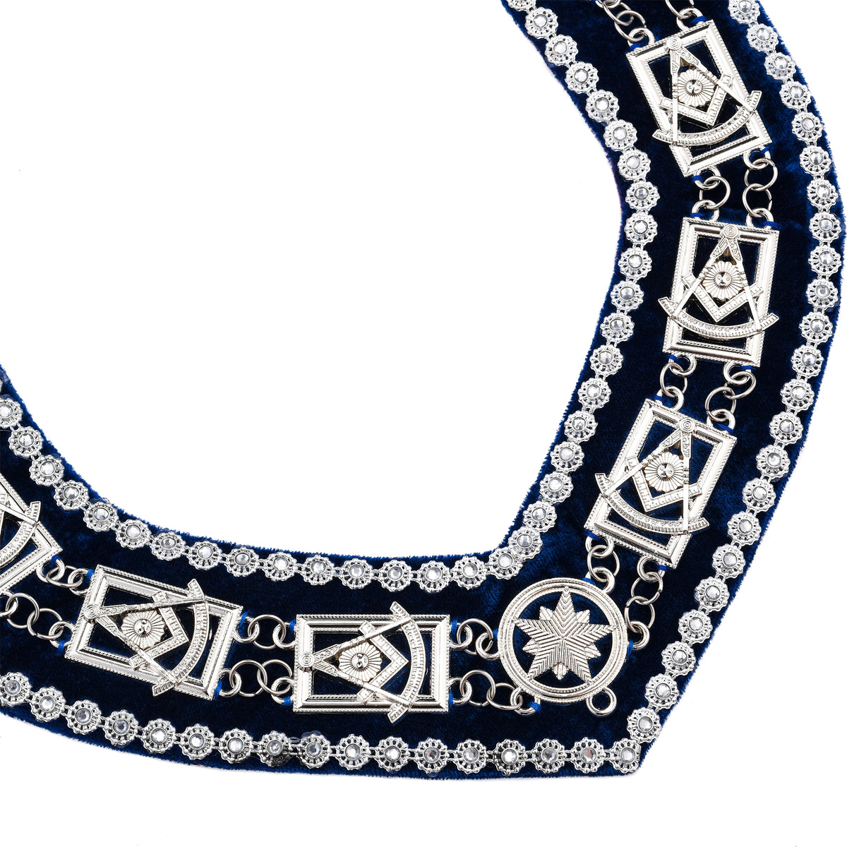 Past Master Blue Lodge Chain Collar - Blue Backing with Silver Rhinestones - Bricks Masons