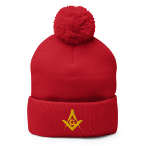 Master Mason Blue Lodge Beanie - Pom Pom in Red for Christmas - Bricks Masons