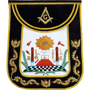 Master Mason Blue Lodge Apron - Black Chenille Square & Compass G - Bricks Masons