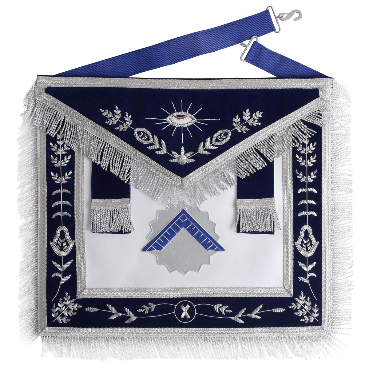 Worshipful Master Blue Lodge Officer Apron - Navy Blue With Silver Fringe - Bricks Masons